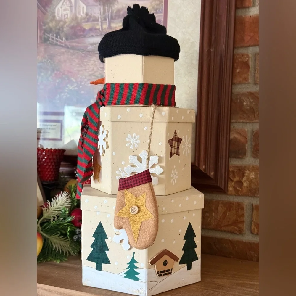 Handcrafted Cream Snowman Stack Holiday Decor with Red & Green Scarf